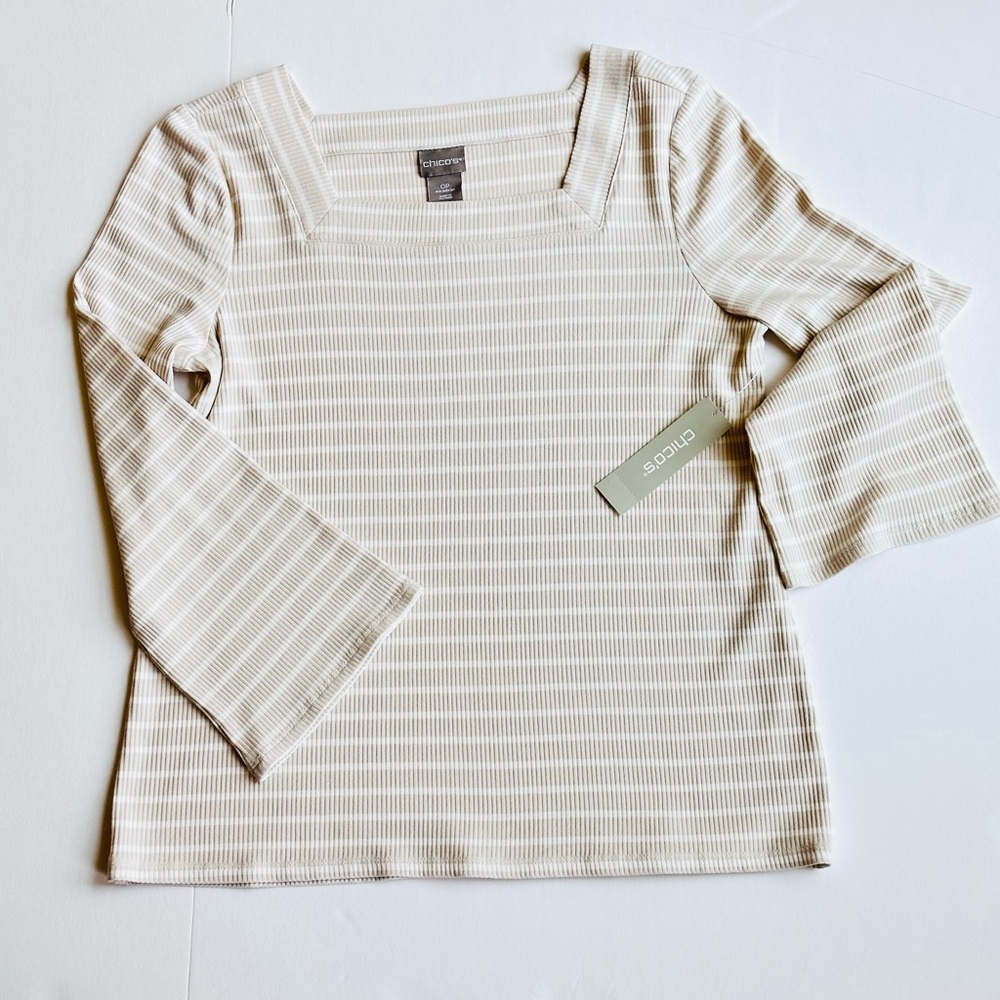 NWT CHICO’s bell sleeve Striped Knit Ribbed Top Vanilla Cream 6-8